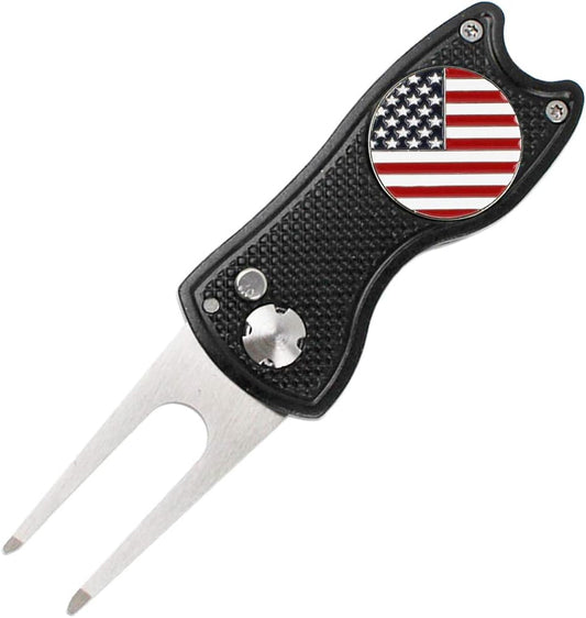 Golf Divot Tool, Stainless Steel Switchblade and Foldable Magnetic with USA Golf Ball Marker in 5 Designs