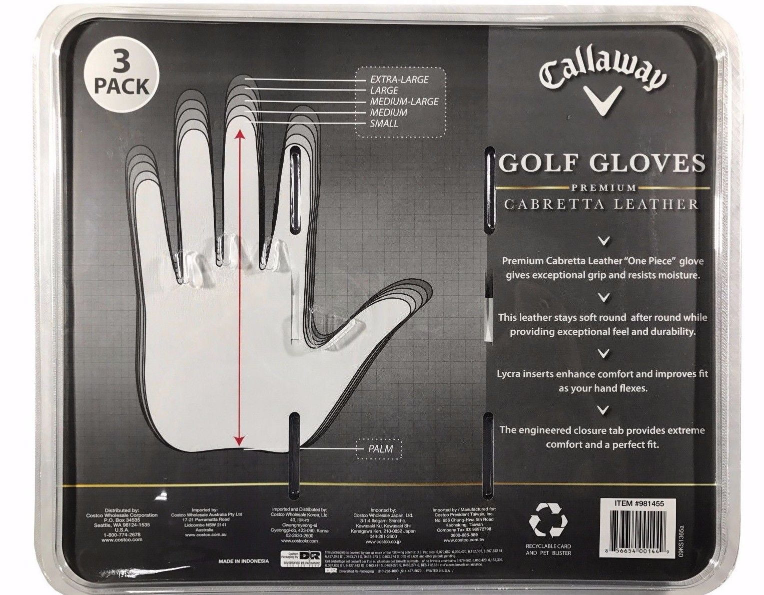 Golf Gloves Premium Cabretta Leather 3 Pack for Left Hand - Extra Large