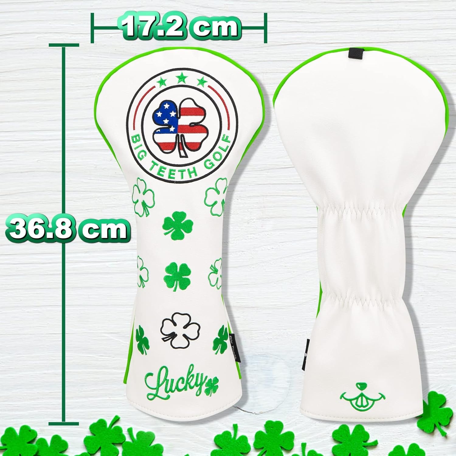 Golf Cover Lucky Clover Headcover Covers, Driver Fairway Wood Hybrid Headcovers Fits Blade Mallet Putter Iron and Woods with Magnetic White Shamrock Head Club Protector Leather