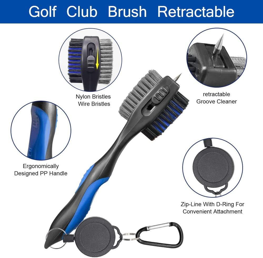 Golf Club Cleaner, Golf Towel, Retractable Golf Club Brush, Golf Club Groove Sharpener and Divot Repair Tool with Golf Pouch, Golf Accessories for Men