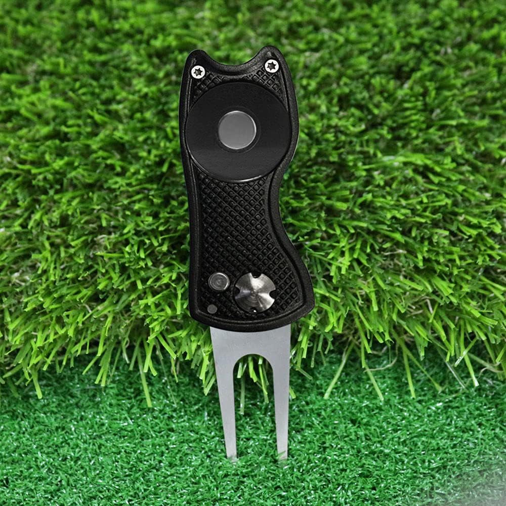 Golf Divot Repair Tool,Foldable Divot Tool, Stainless Steel Switchblade with 2 PCS Detachable Golf Ball Marker Pop-Up Button