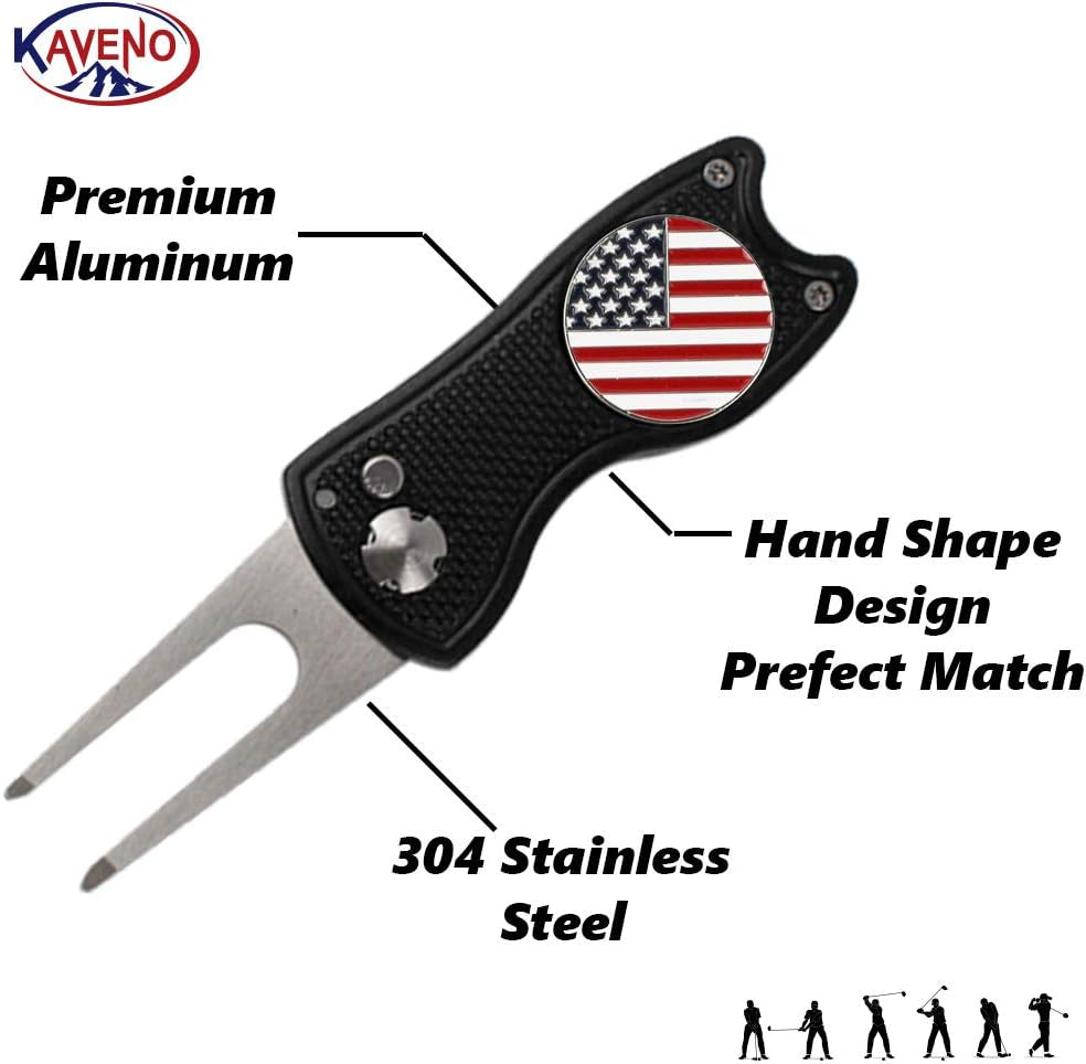 Golf Divot Tool, Foldable Stainless Steel Switchblade with USA Golf Ball Marker