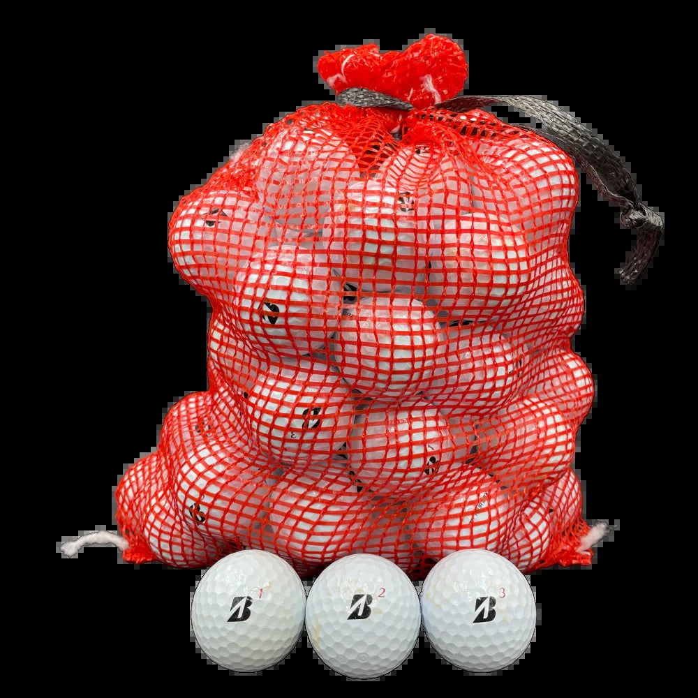 - 72 Bridgestone Tour B Series Recycled Golf Balls in Mesh Bag 3A/2A Condition