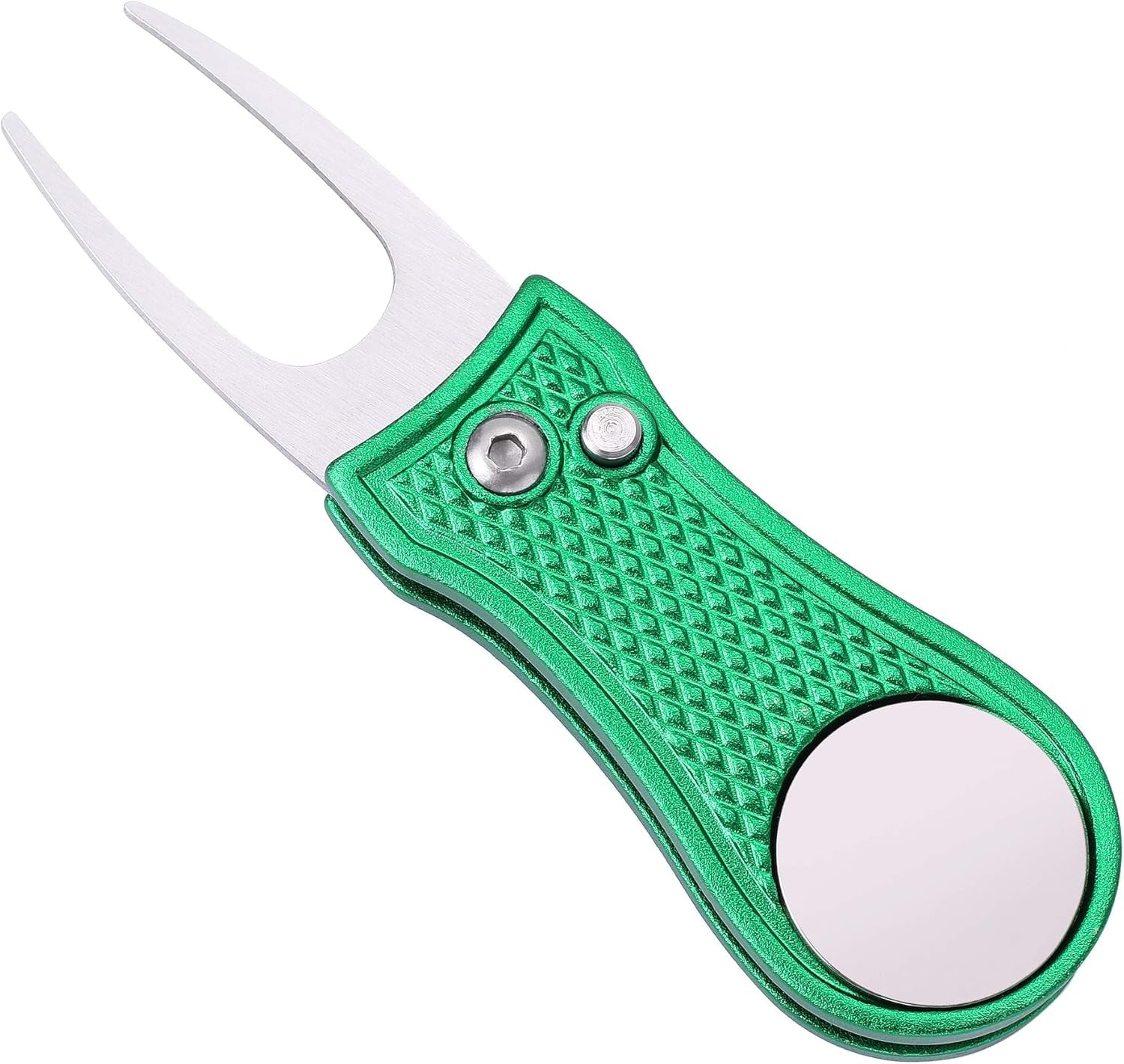 All Metal Foldable Golf Divot Tool with Magnetic Ball Marker & Club Groove Cleaner with Brush and Retractable Extension Cord Combo Set (2 Pack Bone Green Divot/Brush)