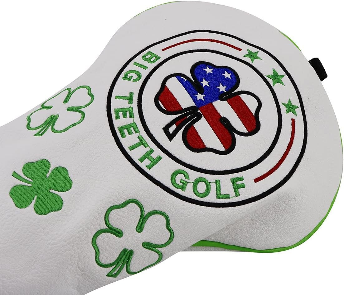 Golf Cover Lucky Clover Headcover Covers, Driver Fairway Wood Hybrid Headcovers Fits Blade Mallet Putter Iron and Woods with Magnetic White Shamrock Head Club Protector Leather