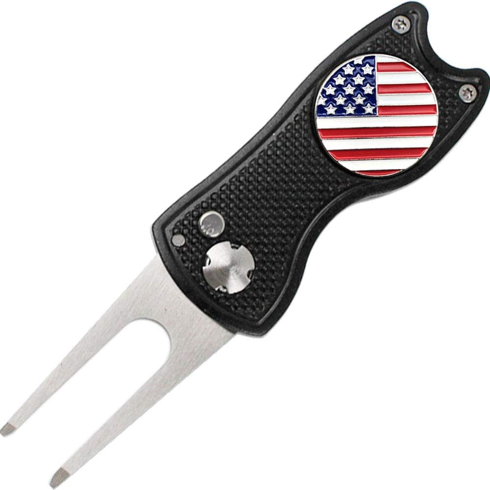 Golf Divot Tool, Foldable Stainless Steel Switchblade with USA Golf Ball Marker