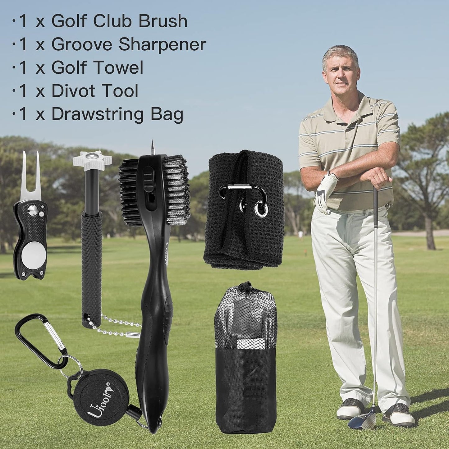 Golf Accessories for Men with Golf Towel Groove Cleaning Golf Club Brush and Divot Tool for Golf Gifts(Set C 4 Pieces in Drawstring Bag)