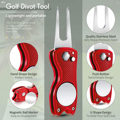 4 Pcs Golf Divot Repair Tool Metal Foldable Golf Divot Tool with Magnetic Pop-Up Button Ball Marker Stainless Steel Switchblade for Golfers Prizes