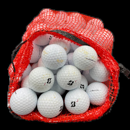 - 72 Bridgestone Tour B Series Recycled Golf Balls in Mesh Bag 3A/2A Condition