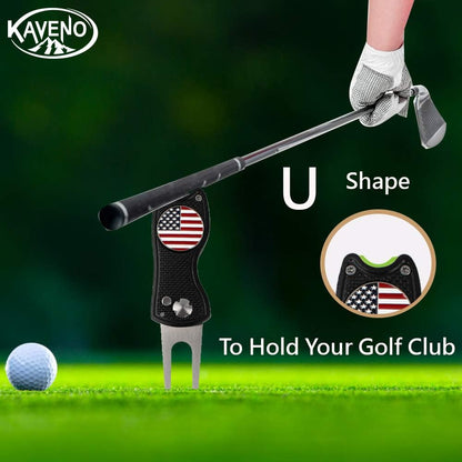 Golf Divot Tool, Foldable Stainless Steel Switchblade with USA Golf Ball Marker